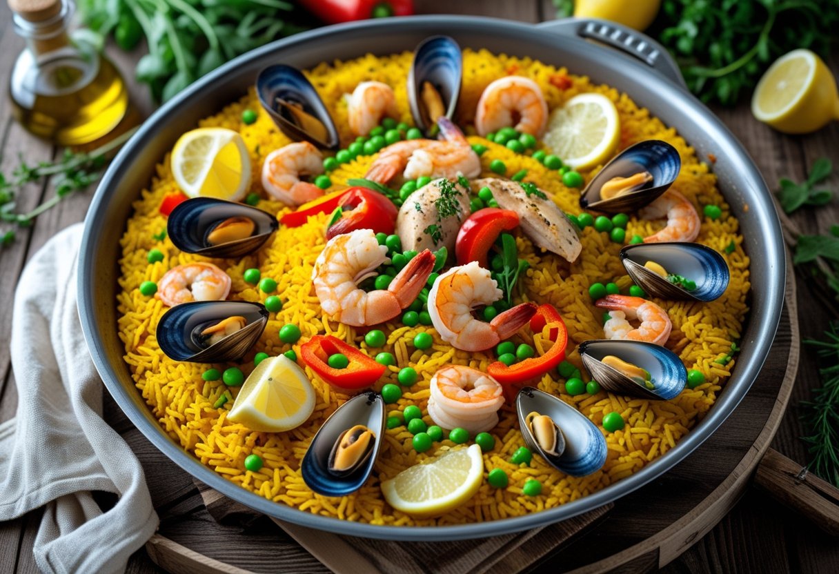 A large pan of traditional Spanish paella with yellow rice, shrimp, mussels, chicken, red peppers, peas, and lemon wedges on a wooden table.