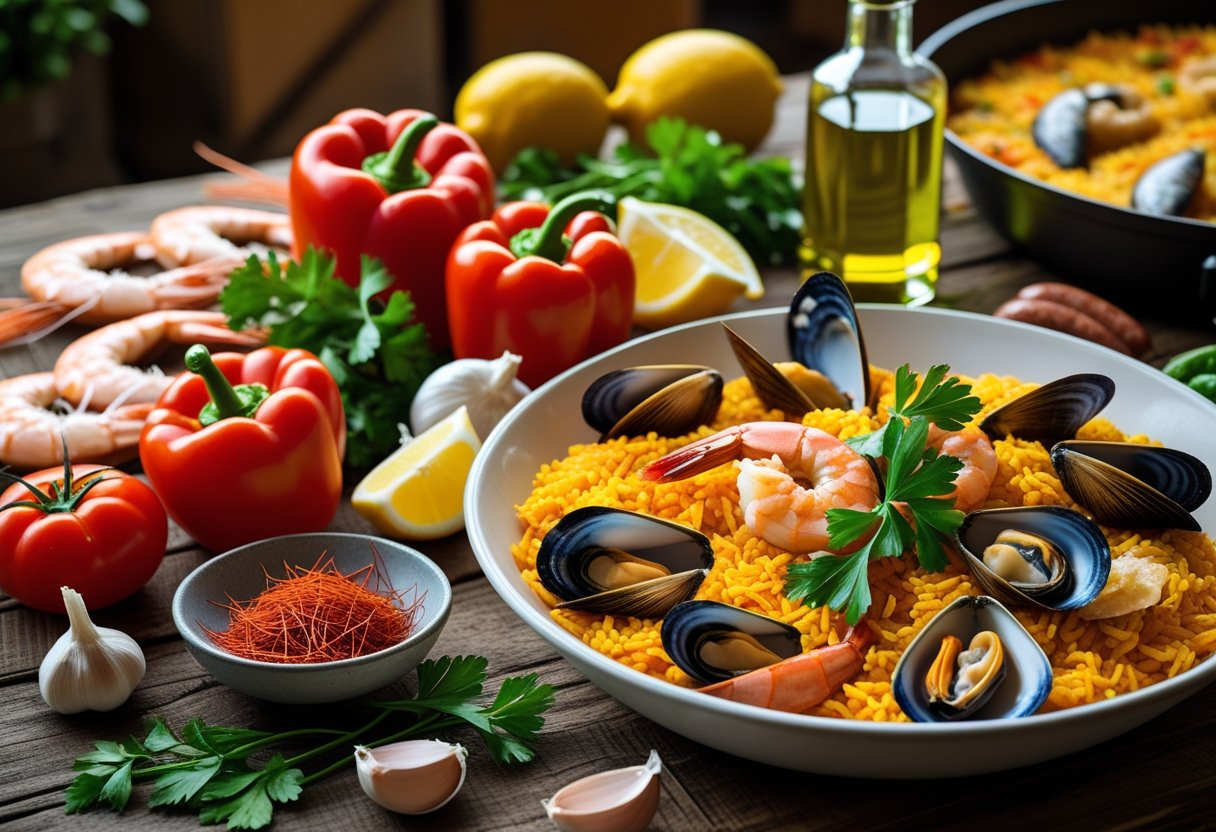 A table displaying fresh ingredients for Spanish paella, including seafood, chicken, vegetables, rice, and spices.