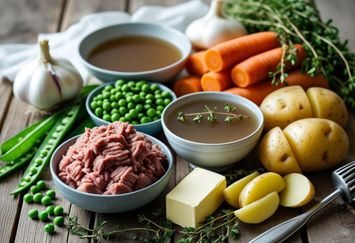 Fresh ingredients for shepherd’s pie arranged on a wooden surface, including minced lamb, chopped carrots, onions, peas, garlic, potatoes, butter, broth, and fresh thyme.