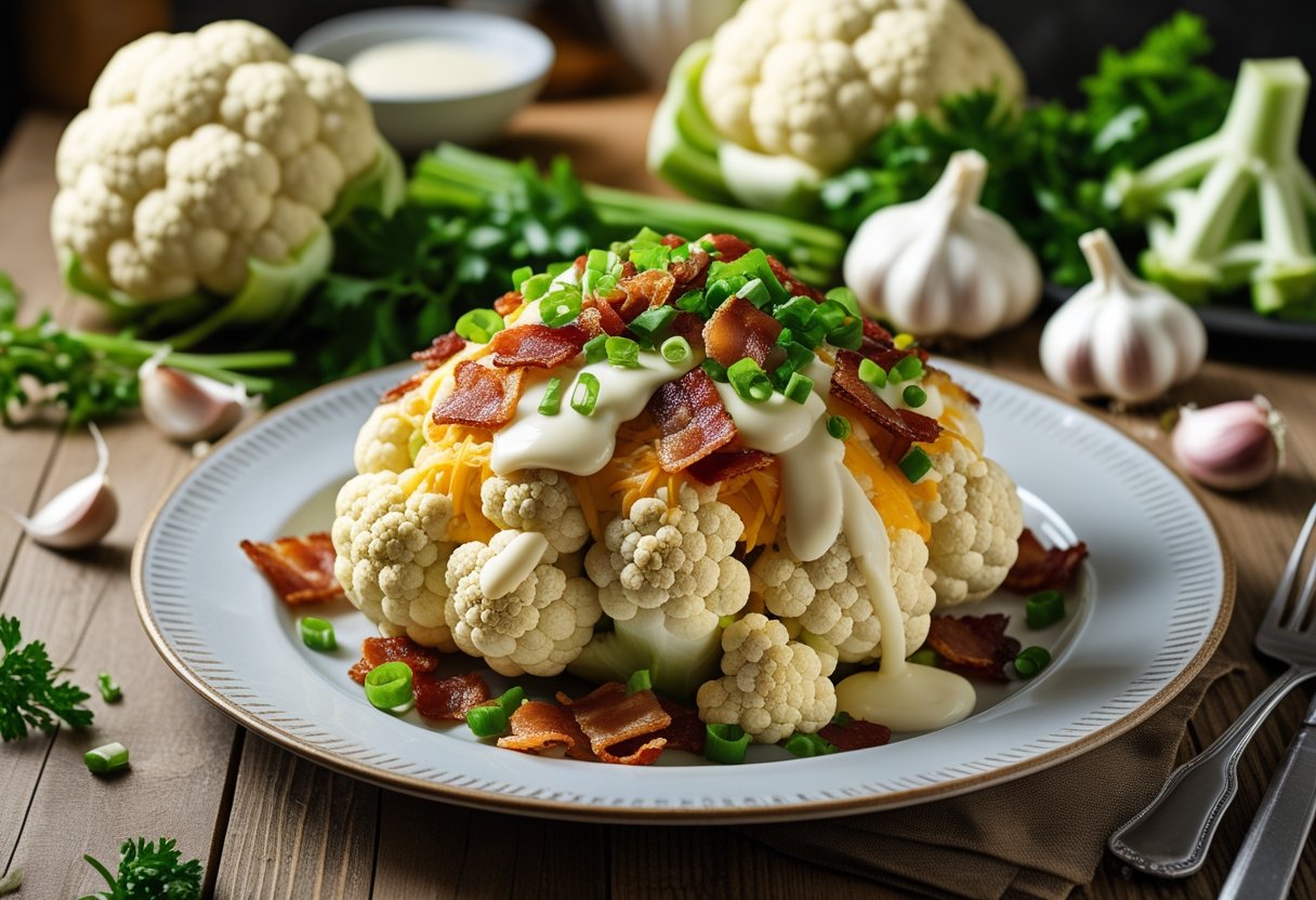 A plate of loaded cauliflower topped with cheese, bacon bits, and green onions on a wooden table with fresh cauliflower and herbs nearby.