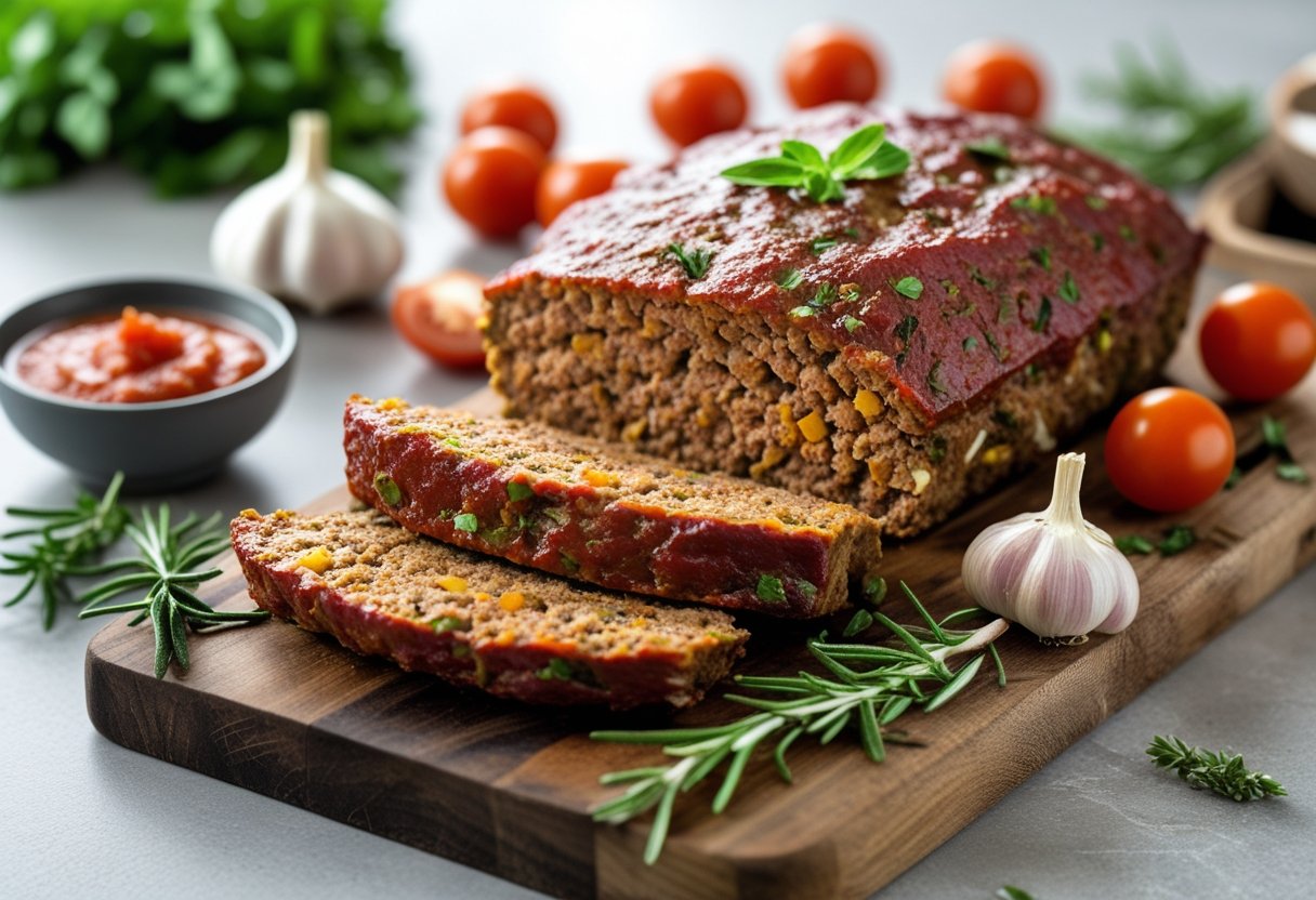 A sliced keto meatloaf on a wooden cutting board with fresh herbs and tomatoes nearby.