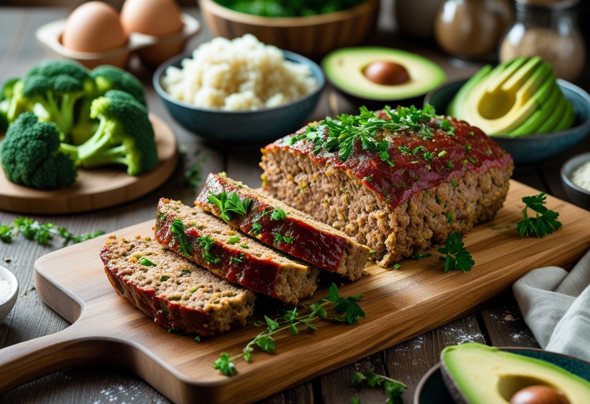 A sliced keto meatloaf on a wooden cutting board with steamed broccoli, cauliflower rice, and avocado slices on a kitchen table.