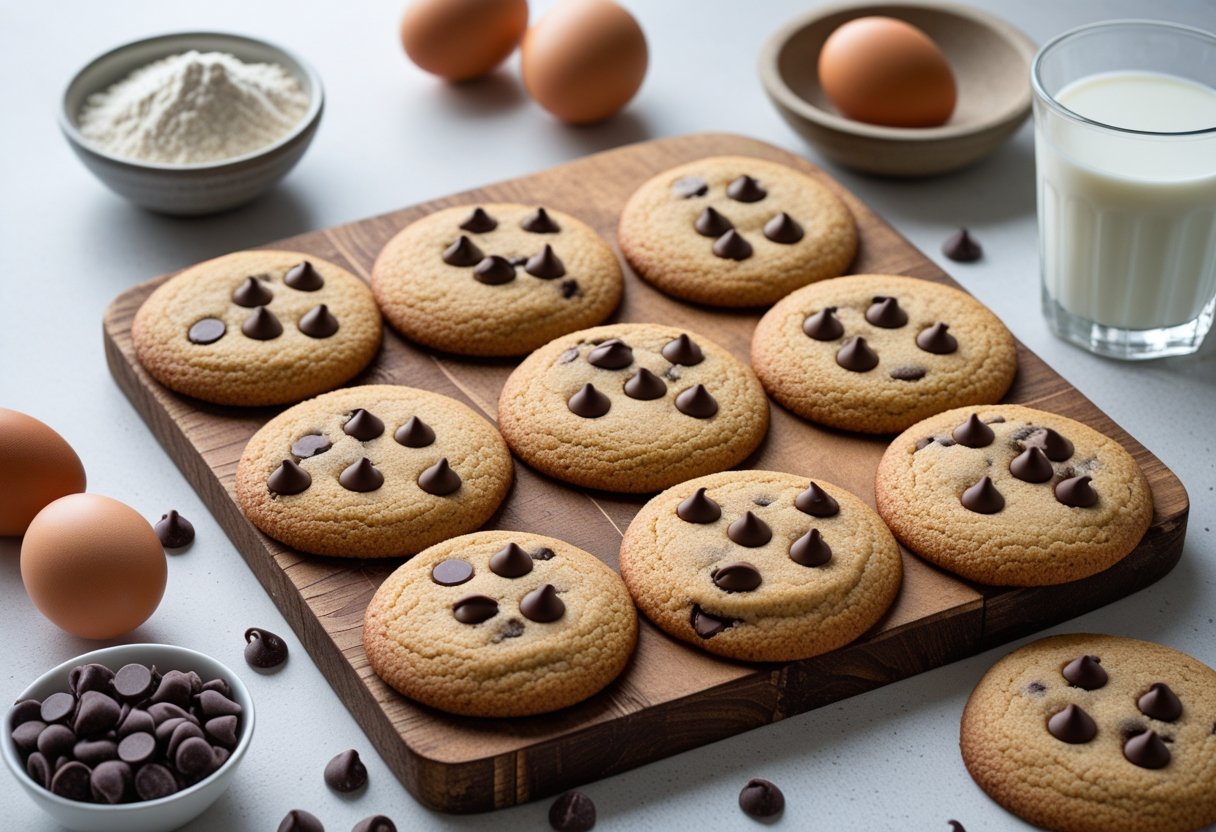 Freshly baked chocolate chip cookies on a wooden board with keto baking ingredients and a glass of almond milk on a kitchen countertop.