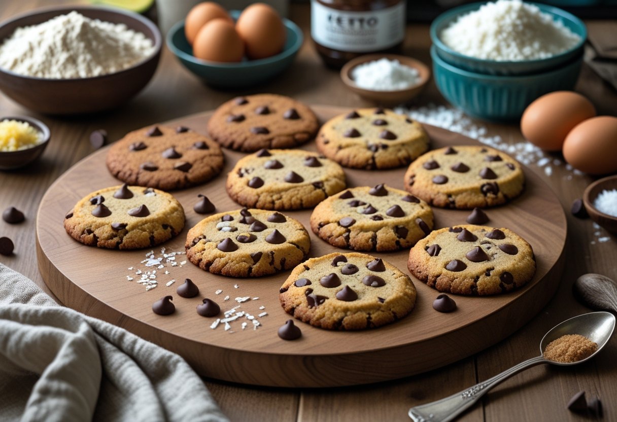 A wooden board with keto chocolate chip cookies surrounded by baking ingredients like eggs, coconut oil, and almond flour on a kitchen counter.