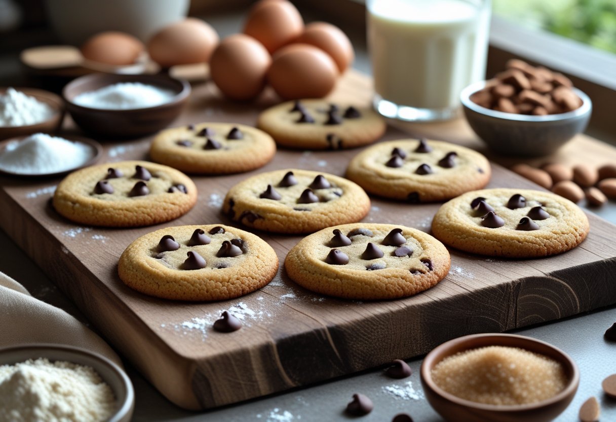 Freshly baked keto chocolate chip cookies on a wooden board with baking ingredients and a glass of almond milk nearby in a warm kitchen setting.
