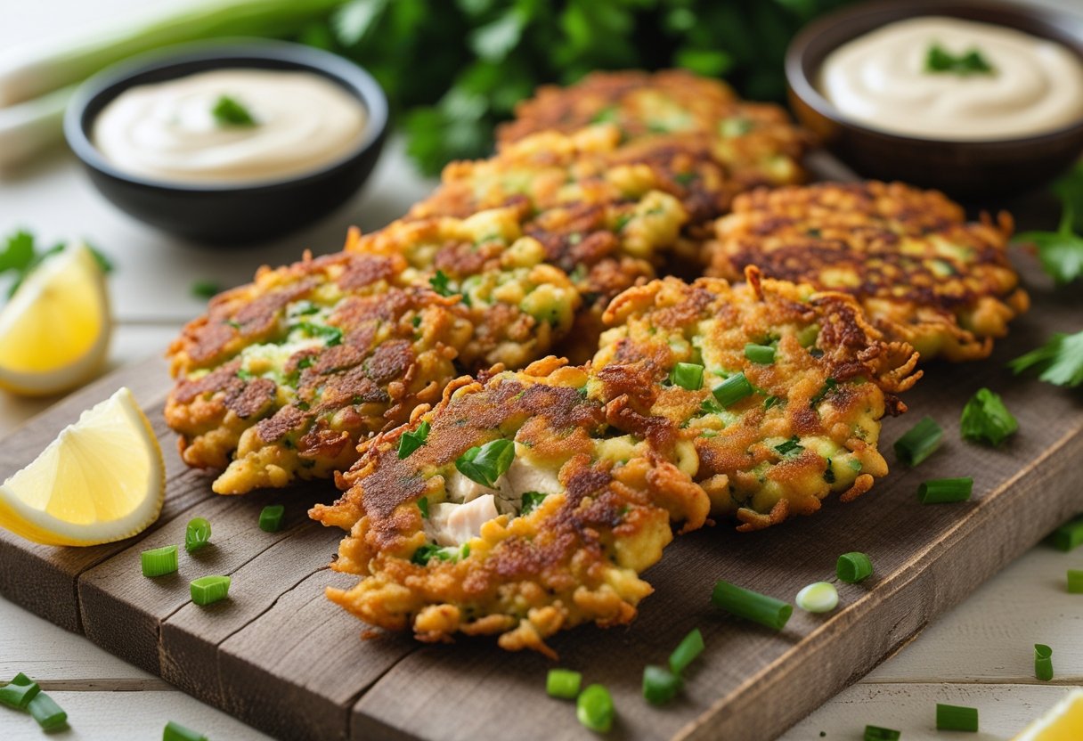 Golden-brown chicken fritters on a wooden cutting board with fresh herbs and lemon wedges nearby.