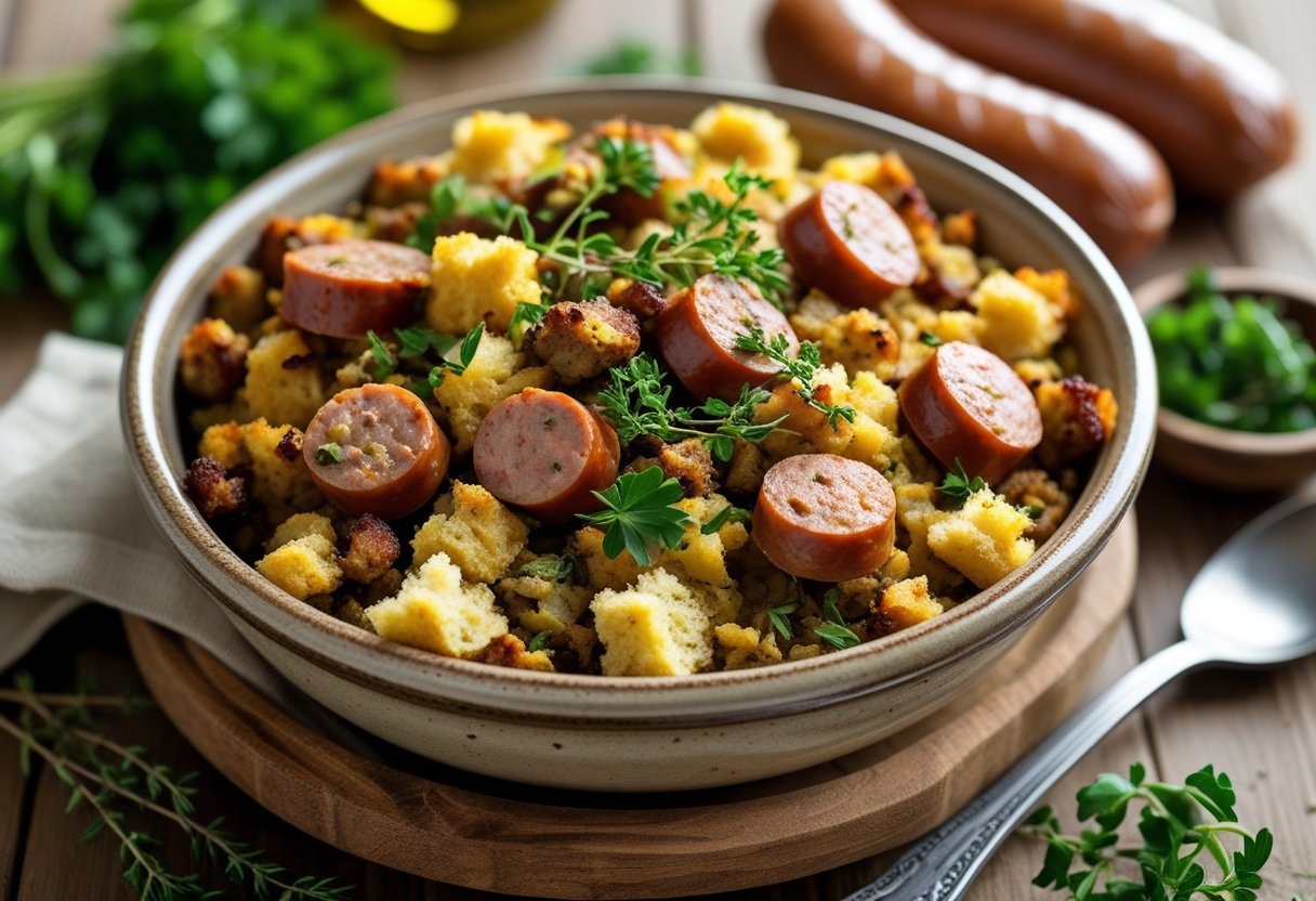 A bowl of keto stuffing with sausage and herbs on a wooden table, surrounded by fresh ingredients.