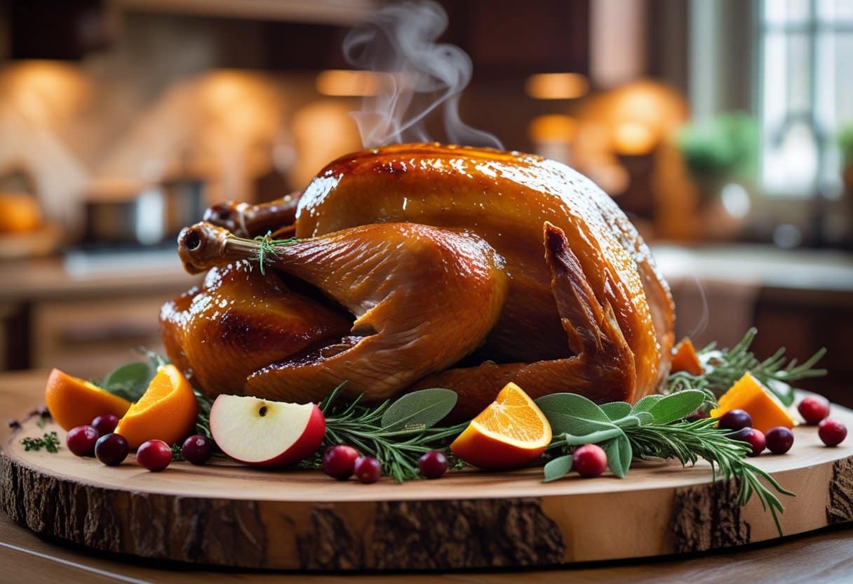 A golden-brown maple-glazed roast turkey on a wooden board with herbs, cranberries, and fruit slices around it.