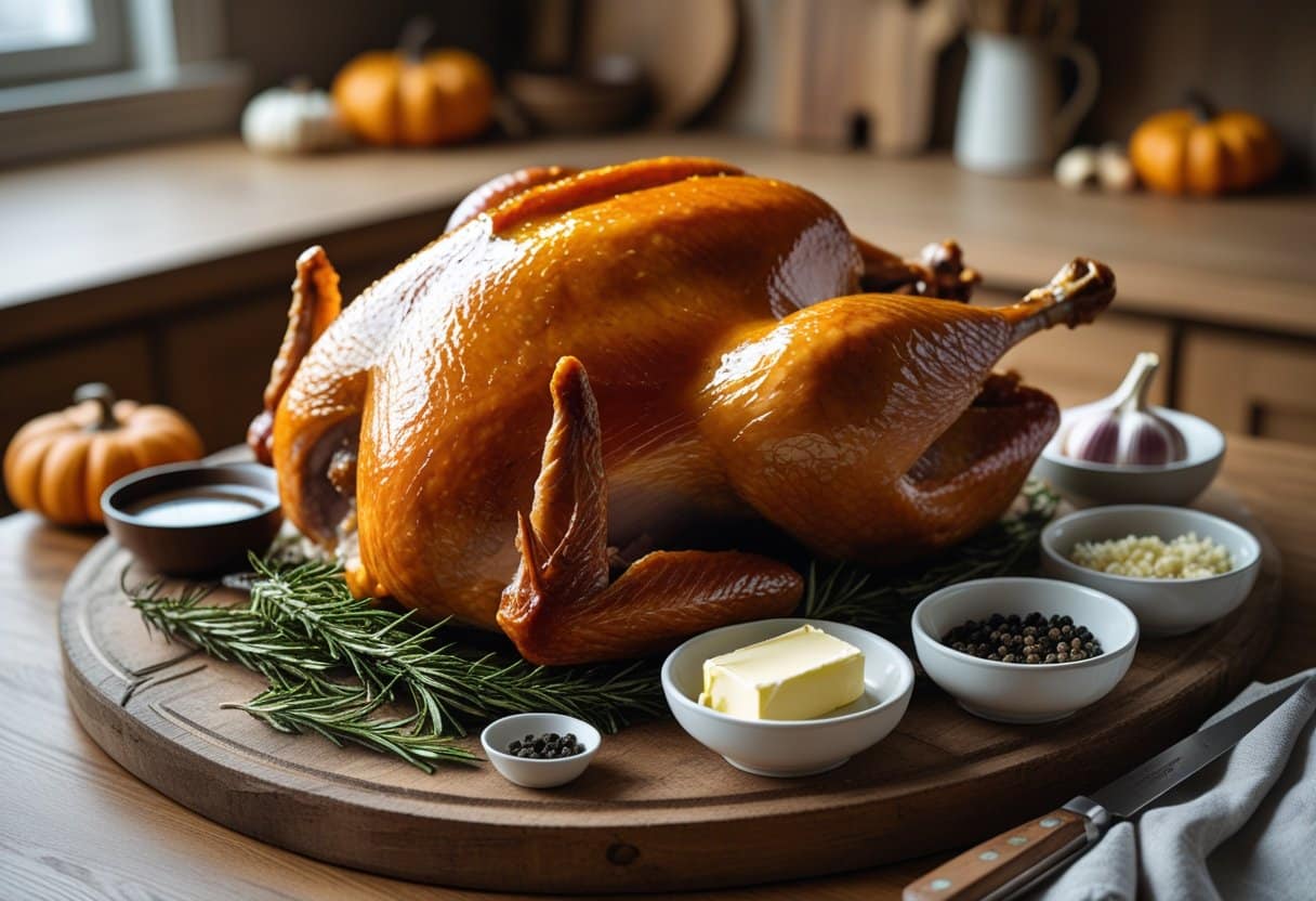 A roasted whole turkey glazed with maple syrup on a wooden cutting board surrounded by bowls of ingredients and kitchen tools on a countertop.