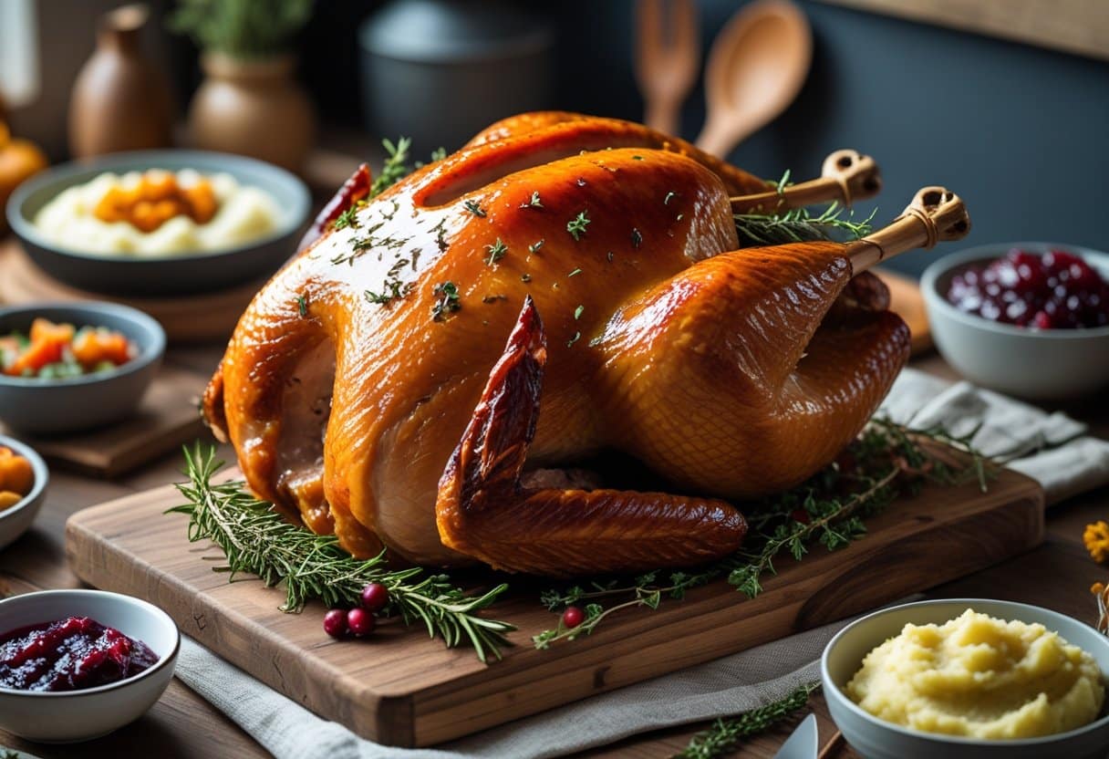 A golden brown maple-glazed roast turkey on a wooden cutting board with herbs and side dishes on a dining table.