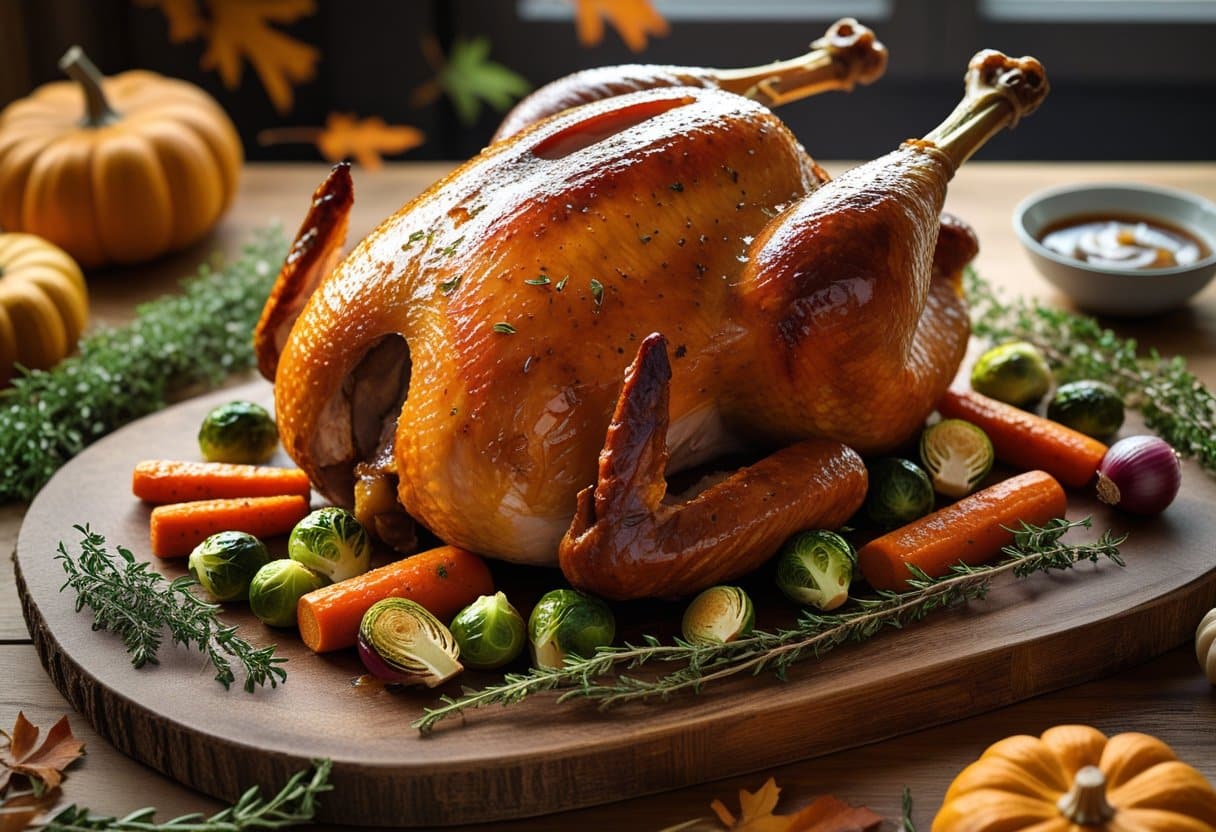 A roasted turkey glazed with bourbon and brown sugar on a wooden board, surrounded by herbs and roasted vegetables.