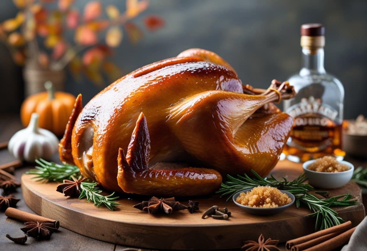 A glazed turkey on a wooden board surrounded by cinnamon sticks, rosemary, brown sugar, bourbon, and garlic cloves.