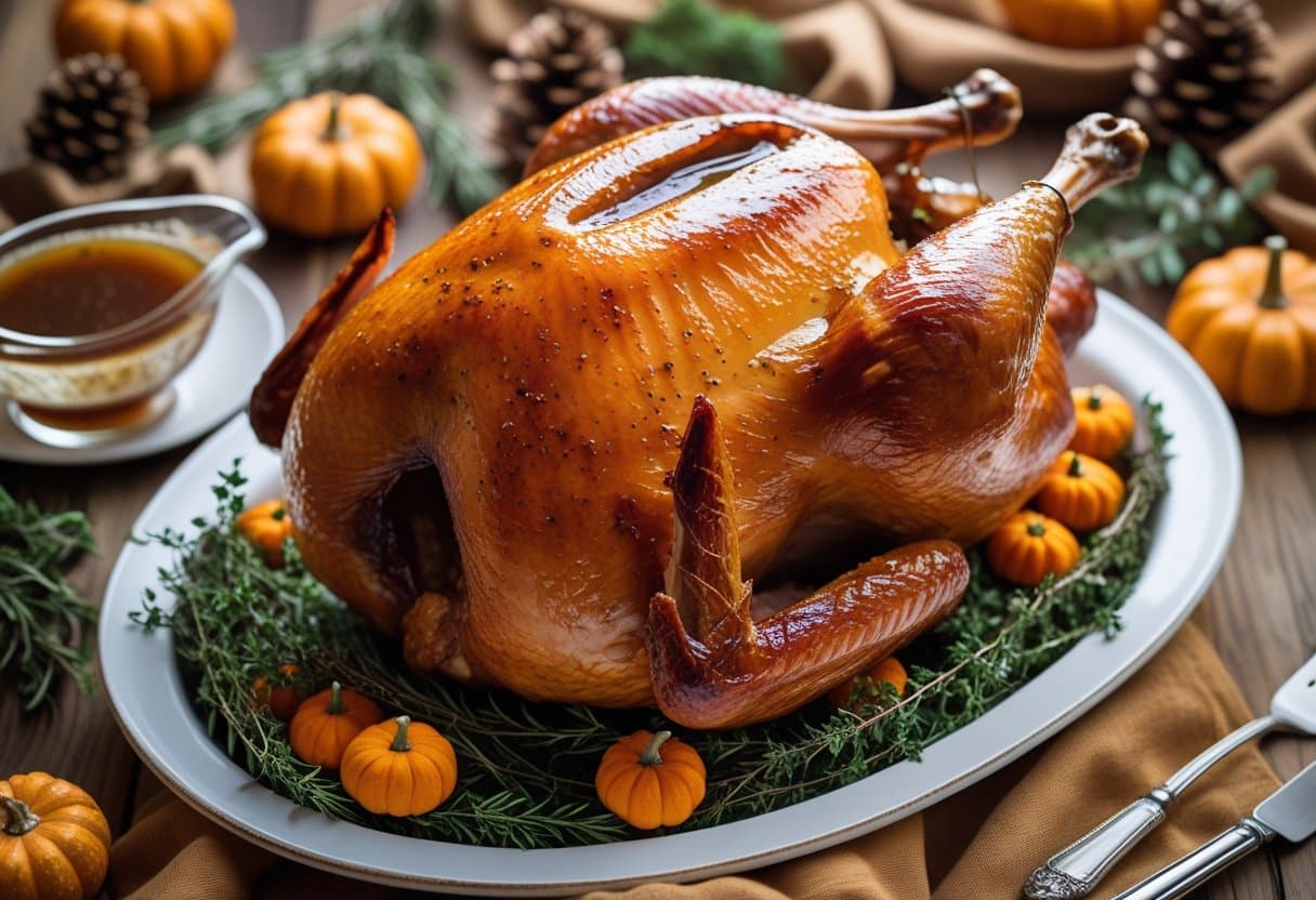 A roasted turkey glazed with bourbon and brown sugar on a white platter surrounded by herbs and autumn decorations on a wooden table.