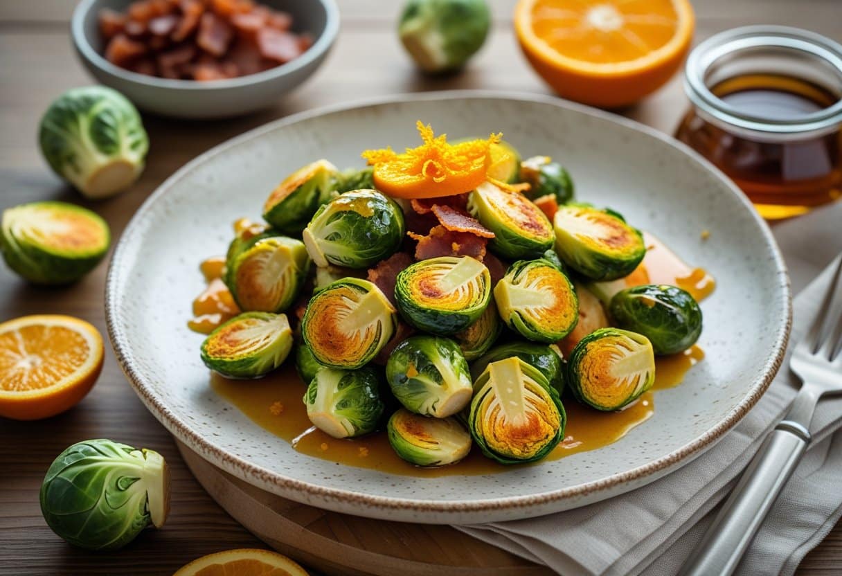 A plate of roasted Brussels sprouts glazed with orange-ginger sauce, garnished with orange zest and fresh ginger, with a bowl of maple-bacon bits nearby on a wooden table.