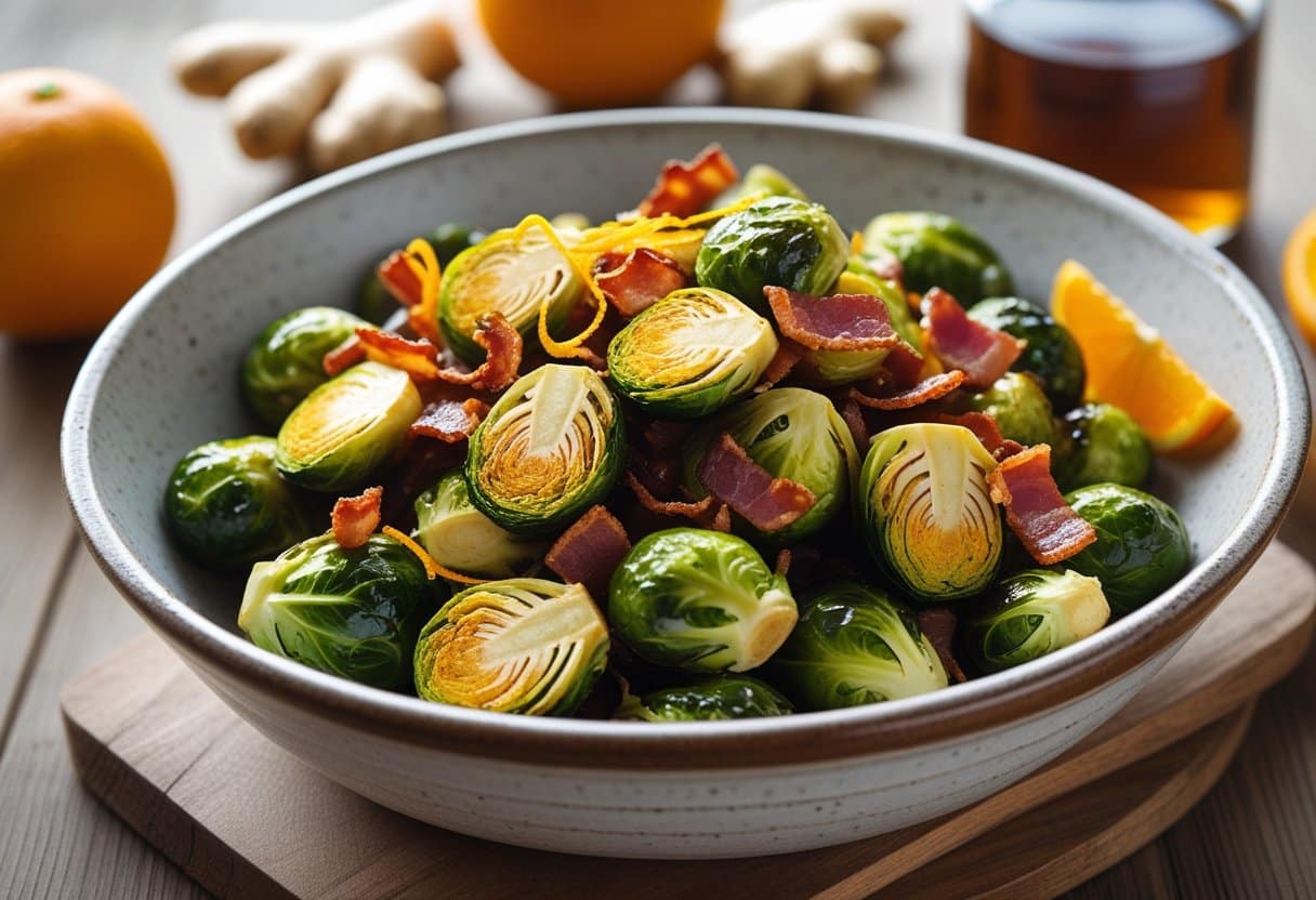 A bowl of roasted Brussels sprouts with crispy bacon, orange zest, and ginger slices on a wooden table.