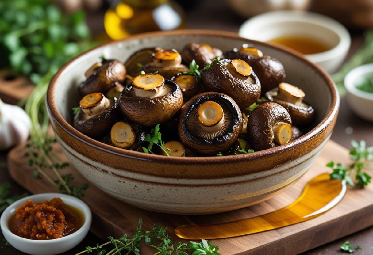 A bowl of roasted mushrooms glazed with a reddish sauce and maple syrup, surrounded by fresh herbs on a wooden board in a kitchen setting.