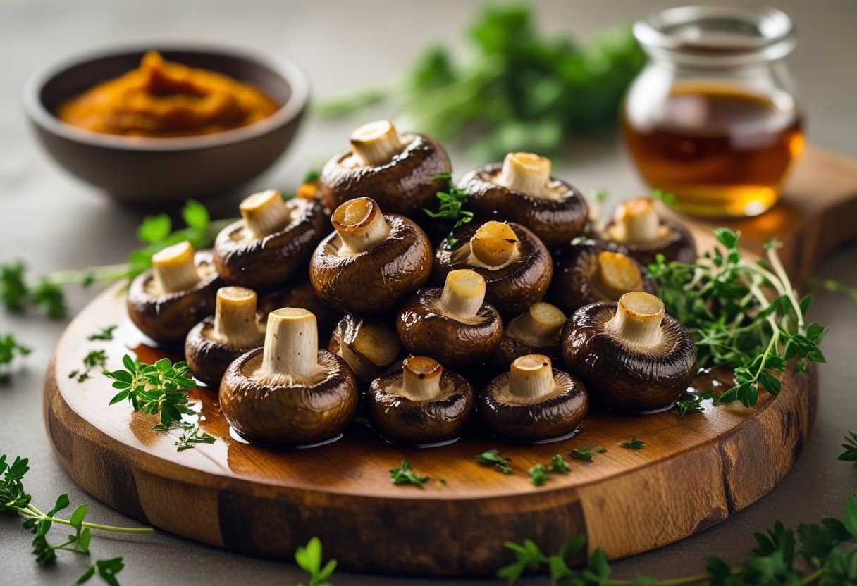 A serving board with roasted mushrooms coated in a glossy red sauce, garnished with fresh herbs, with bowls of sauce and syrup in the background.