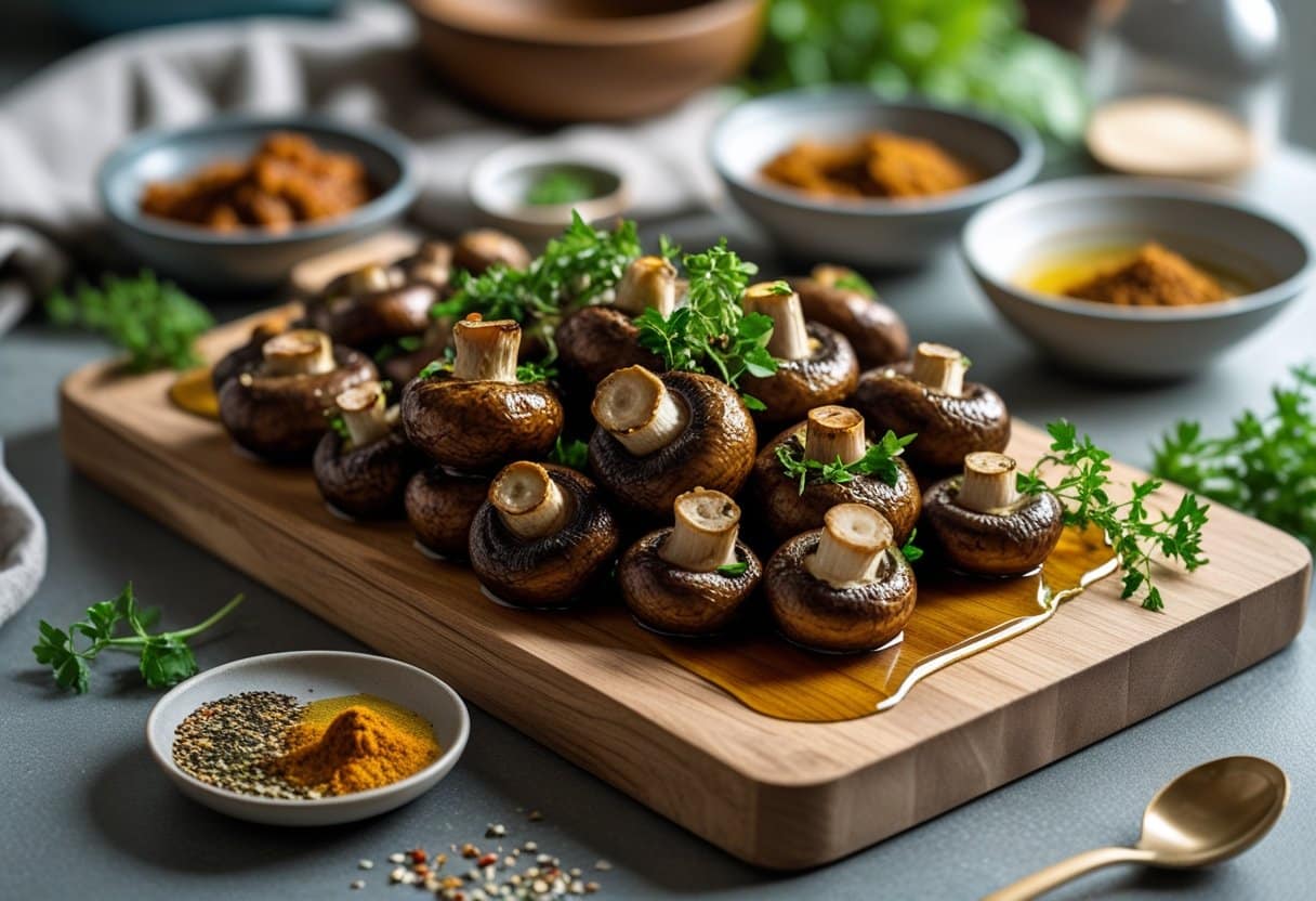 A wooden cutting board with roasted mushrooms glazed in harissa-maple sauce, garnished with fresh herbs, surrounded by small bowls of ingredients on a kitchen countertop.
