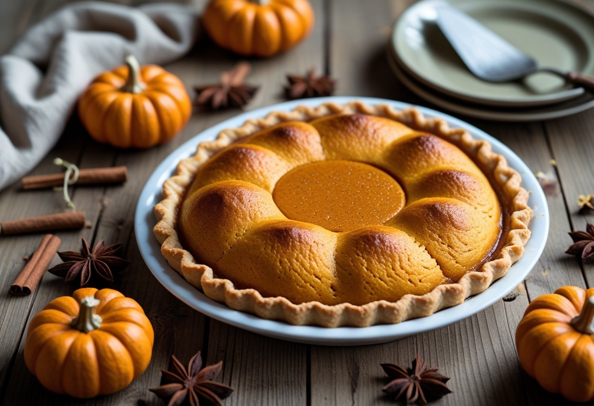 A freshly baked pumpkin chiffon pie on a wooden table surrounded by small pumpkins and spices.