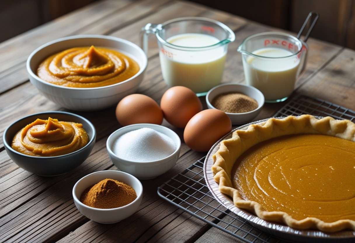 A collection of pumpkin chiffon pie ingredients arranged on a wooden table, including pumpkin puree, whipped egg whites, sugar, eggs, milk, spices, and a pre-baked pie crust.
