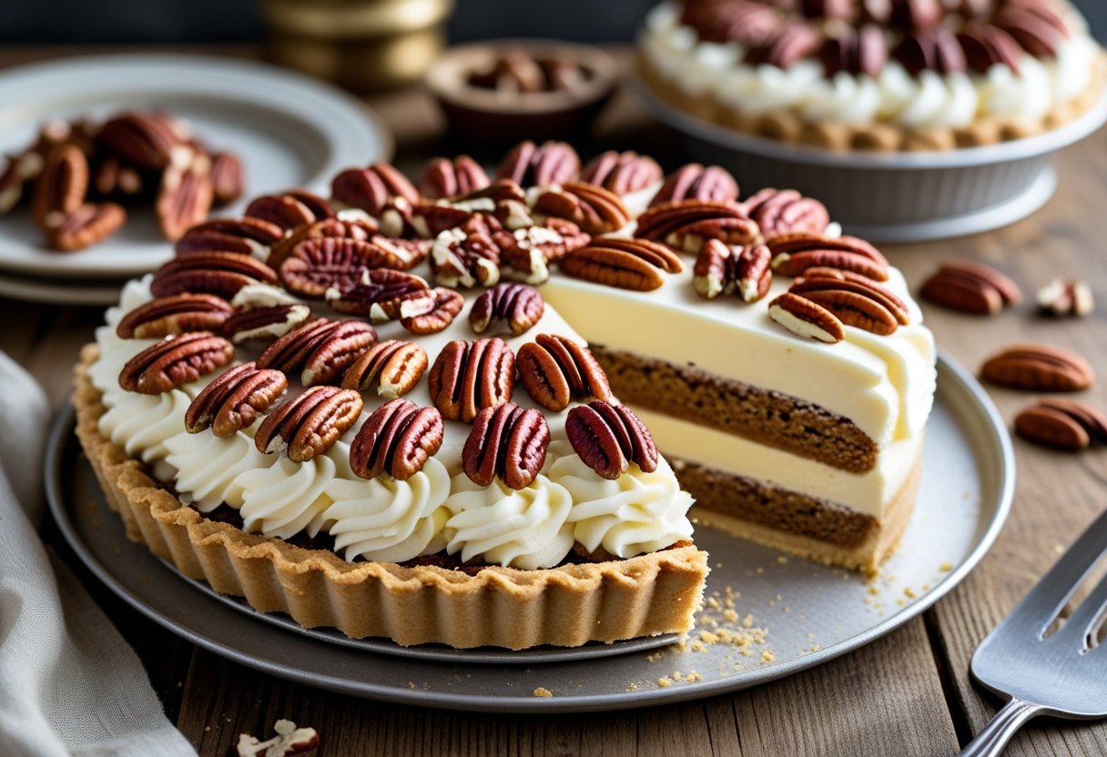 A pecan cream pie and a butter pecan cake displayed on a wooden table, both topped with pecans and creamy frosting.