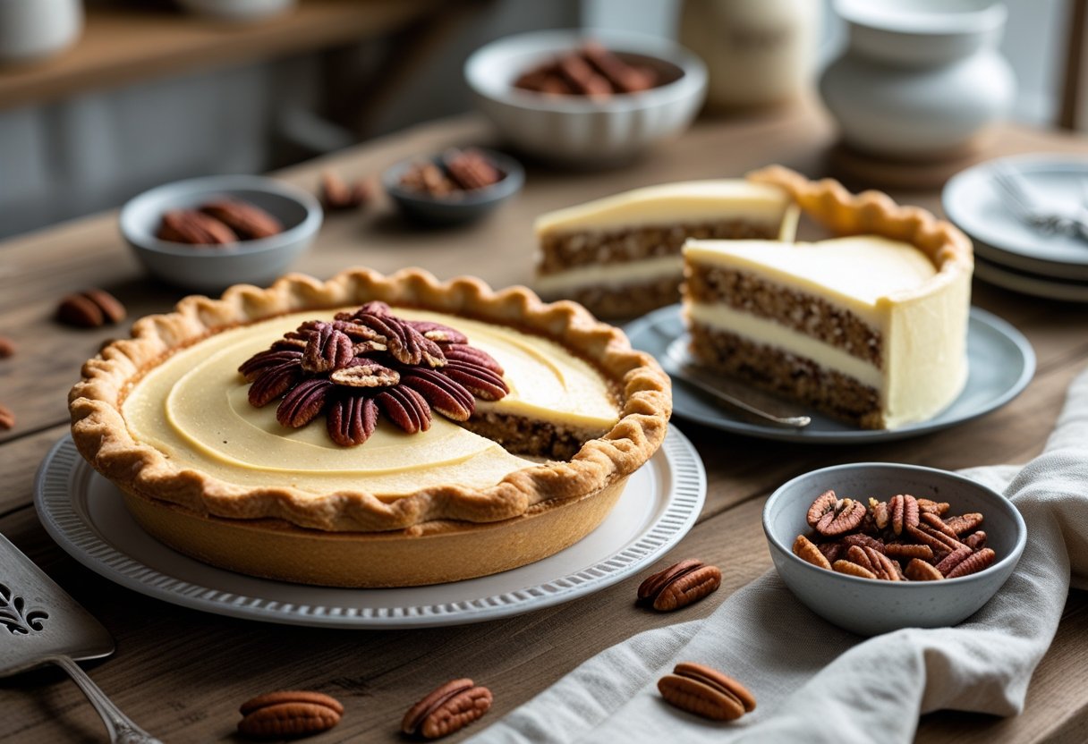 A pecan cream pie and a butter pecan cake displayed on a wooden table with pecans and a pie server nearby.