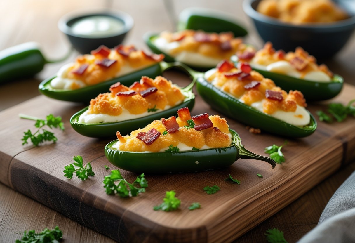 A plate of stuffed jalapeño poppers with melted cheese and bacon on a wooden board, accompanied by fresh jalapeños and a bowl of dipping sauce.