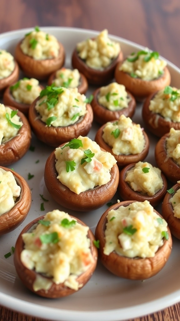 A close-up of crab stuffed mushrooms on a rustic platter, garnished with parsley.