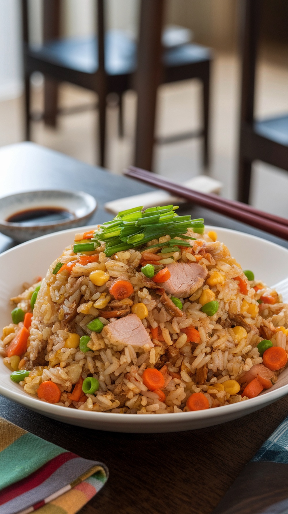 A bowl of turkey fried rice with vegetables and green onions, served with chopsticks and soy sauce.