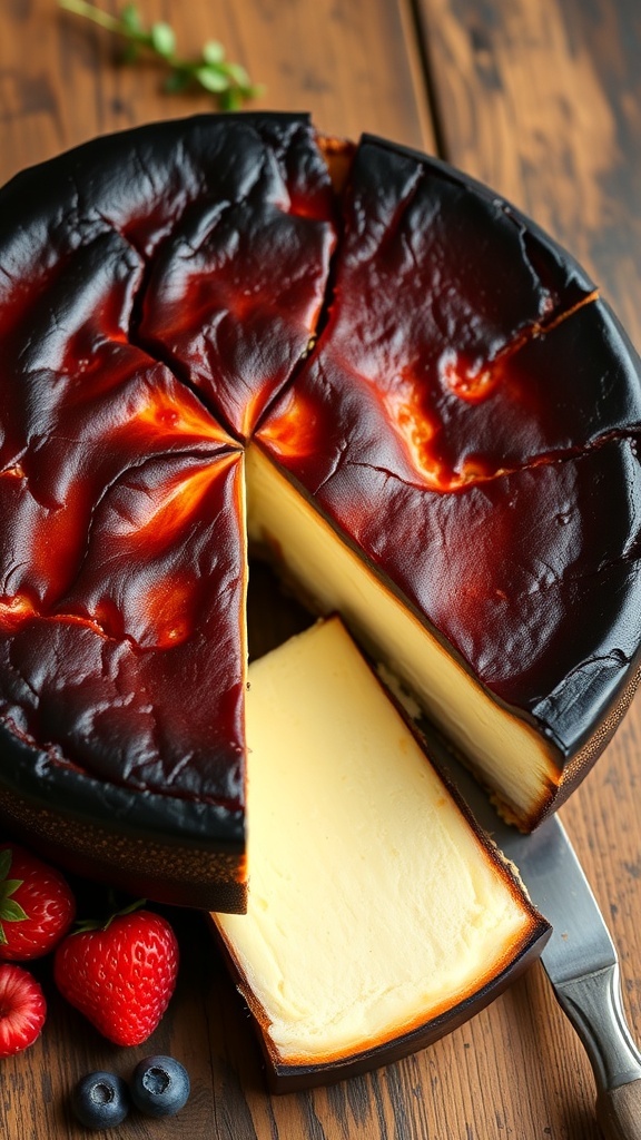 A burnt Basque cheesecake with a dark top and creamy interior, served on a wooden table with fresh berries.