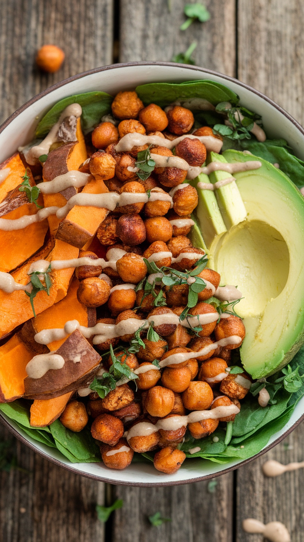 A colorful Buddha bowl with sweet potatoes, chickpeas, spinach, and avocado, topped with tahini dressing.