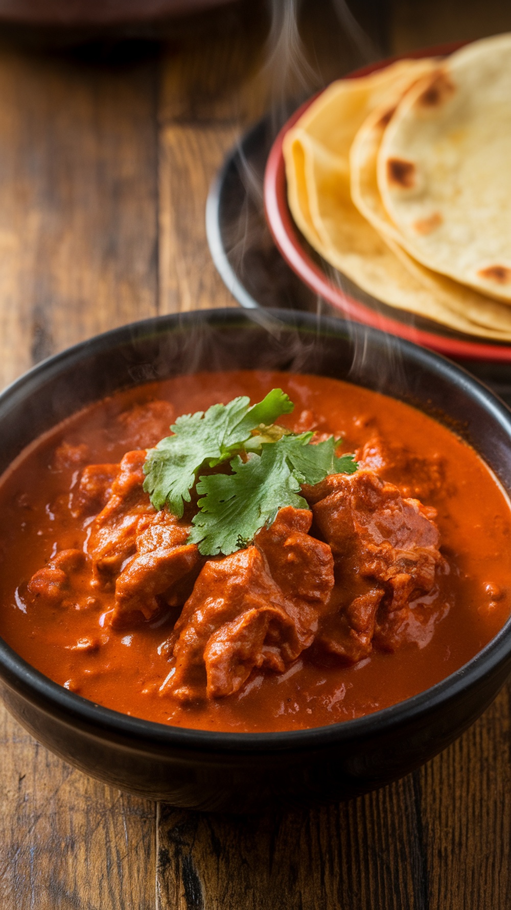 A bowl of Chili Colorado with beef in red chili sauce, garnished with cilantro, served with tortillas on a rustic table.