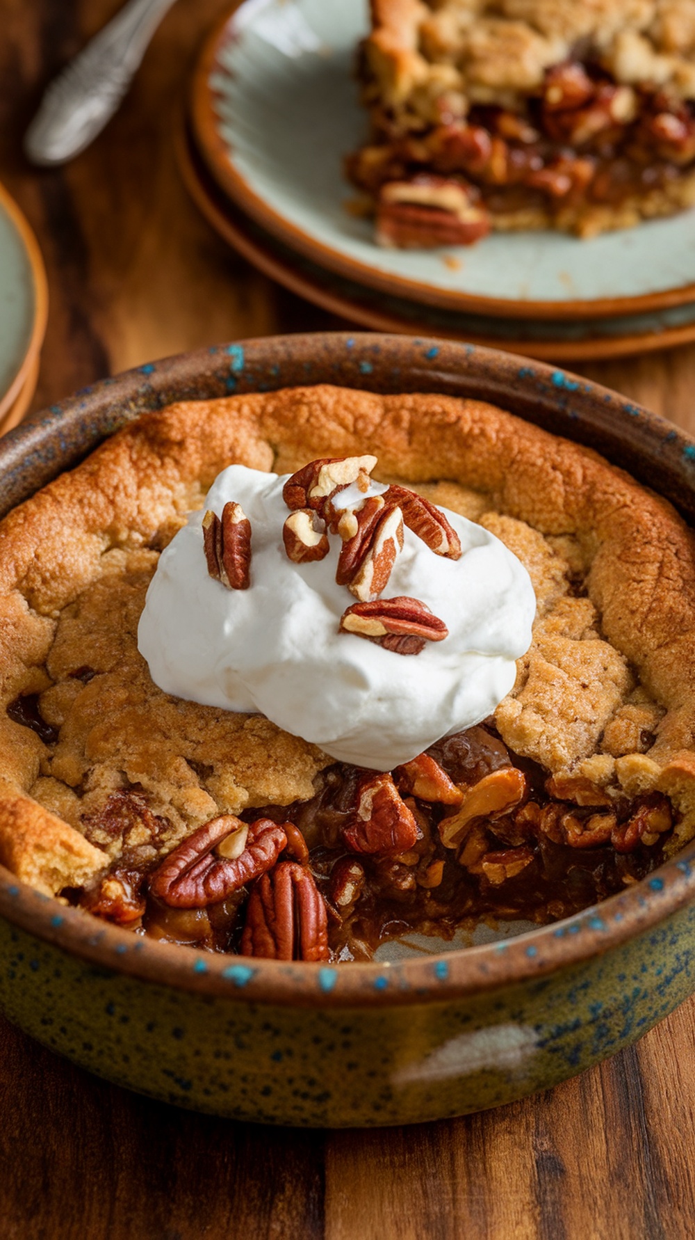 A bowl of pecan pie cobbler with a golden crust and pecan filling, garnished with whipped cream and pecans.