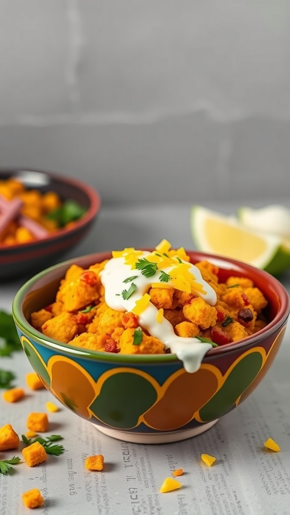 A colorful bowl of Esquites Cornbread Stuffing topped with sour cream and cheese, surrounded by fresh ingredients.
