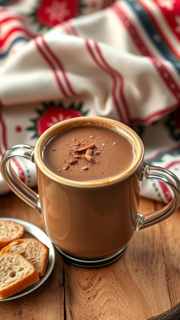 A warm cup of champurrado with chocolate and cinnamon, served with sweet bread.
