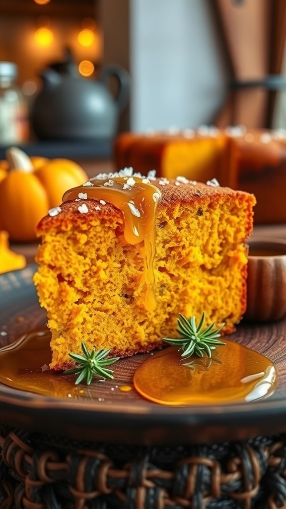 Slice of pumpkin olive oil cake with rosemary honey and sea salt on a wooden plate, garnished with rosemary.