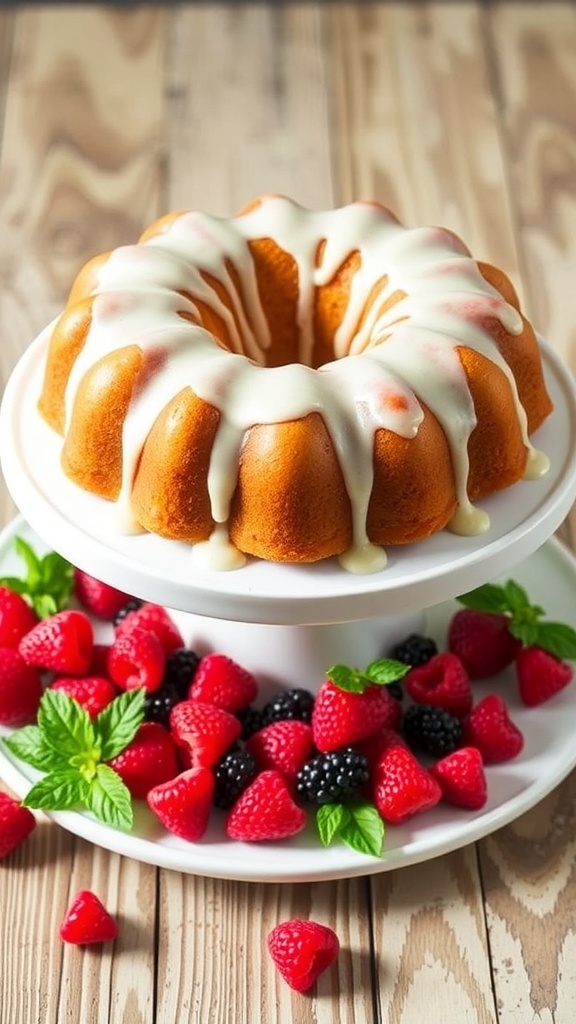 Vanilla buttermilk pound cake with cream cheese glaze on a cake stand, garnished with berries and mint.