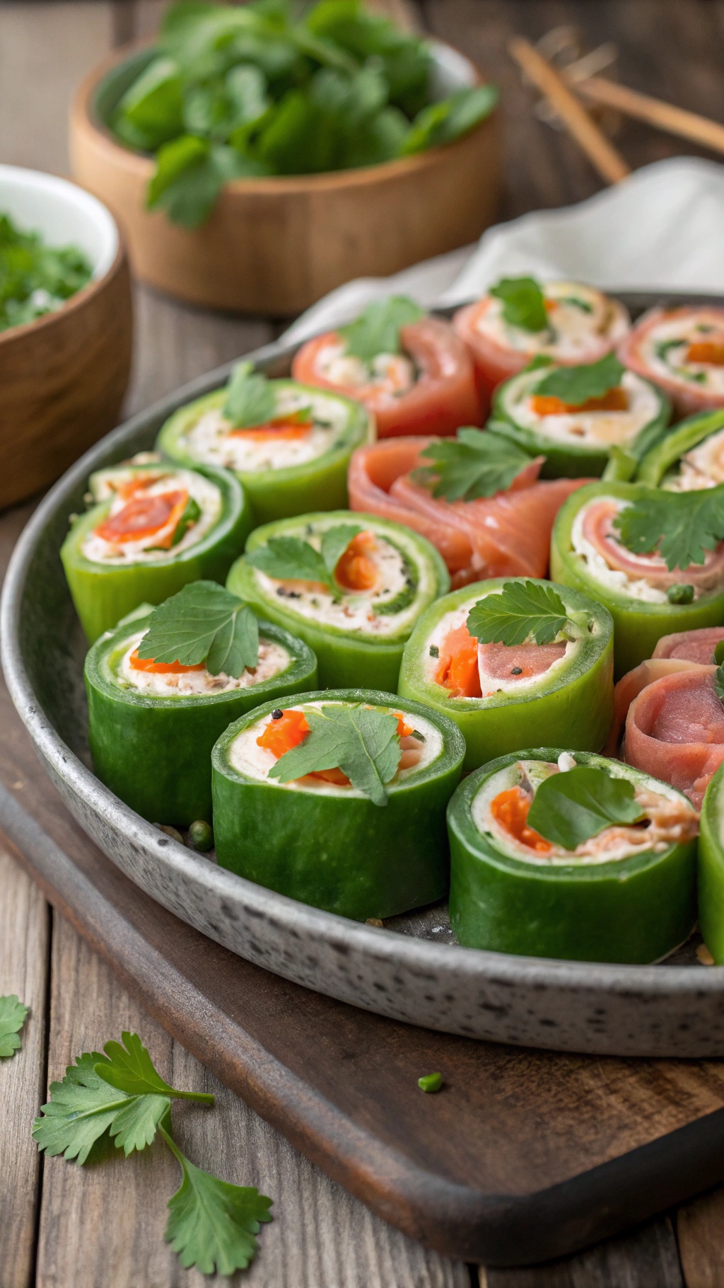 A serving platter of jalapeño popper salmon pinwheels, garnished with cilantro, on a wooden table.