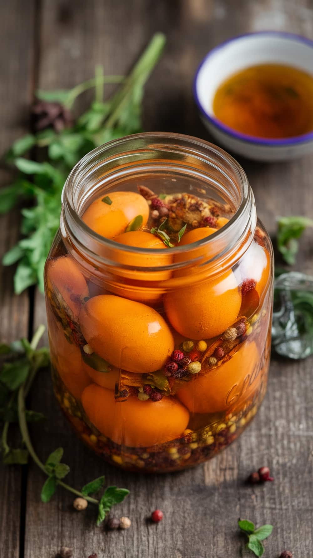 A jar of colorful pickled eggs with spices, set on a wooden table.
