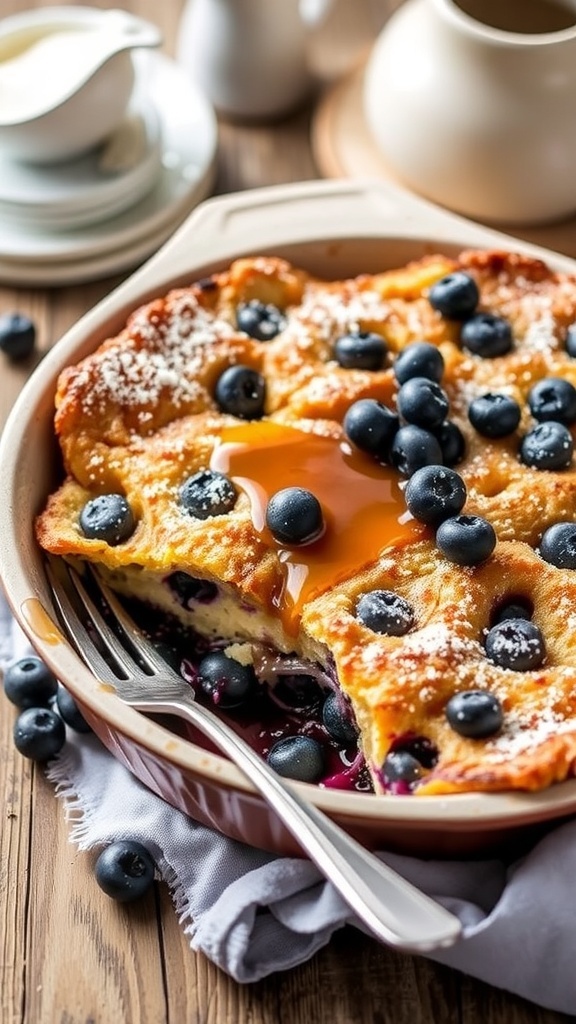 Blueberry Mascarpone French Toast Bake in a baking dish, garnished with powdered sugar and blueberries.