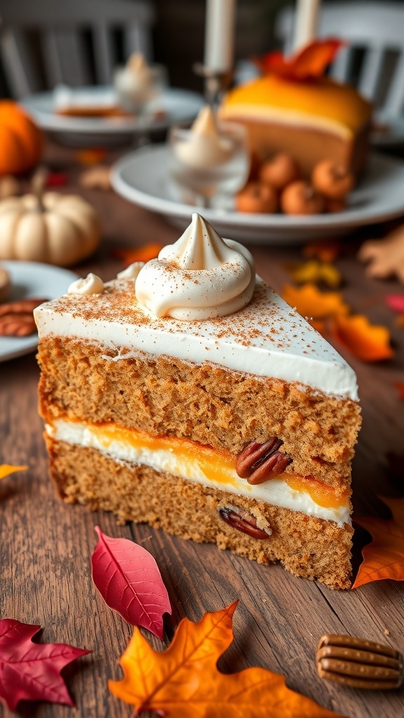 Thanksgiving Piecaken Recipe A slice of Thanksgiving Piecaken with pumpkin and pecan layers, topped with whipped cream on a rustic table.