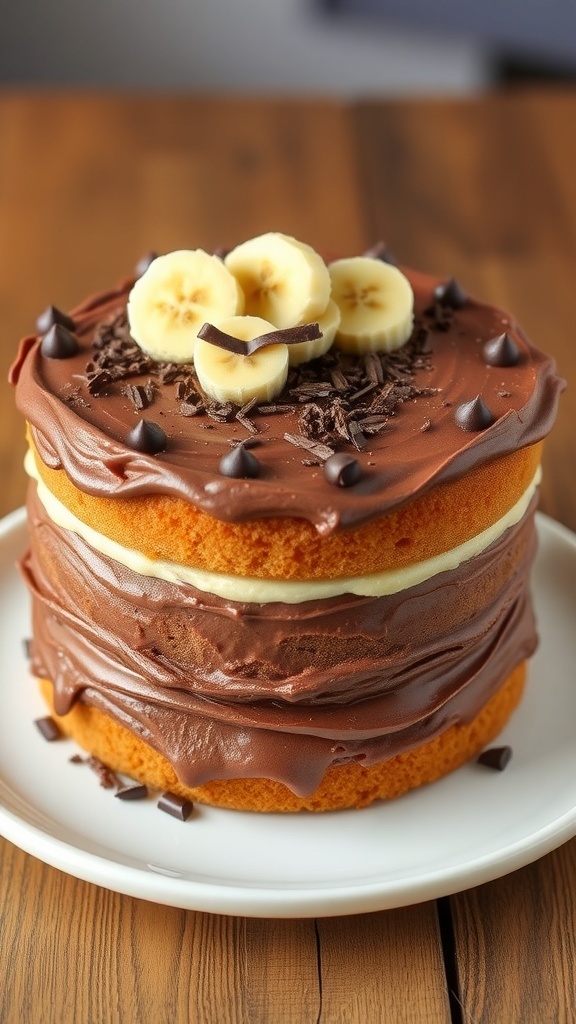 Decadent Double Chocolate Banana Layer Cake Decadent double chocolate banana layer cake with chocolate frosting and banana slices, on a rustic wooden table.
