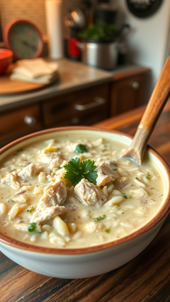 A bowl of creamy chicken and wild rice soup with chicken, wild rice, and parsley garnish, set in a cozy kitchen.