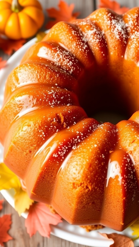 A golden-brown pumpkin bundt cake dusted with powdered sugar, surrounded by autumn decorations.
