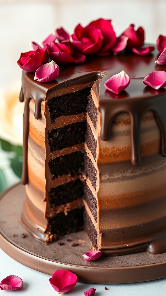 A stunning Red Rose Chocolate Cake with chocolate ganache and rose petals, displayed elegantly.