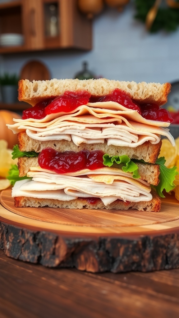 A turkey sandwich with cranberry sauce and mayonnaise on toasted bread, garnished with lettuce and served with potato chips.