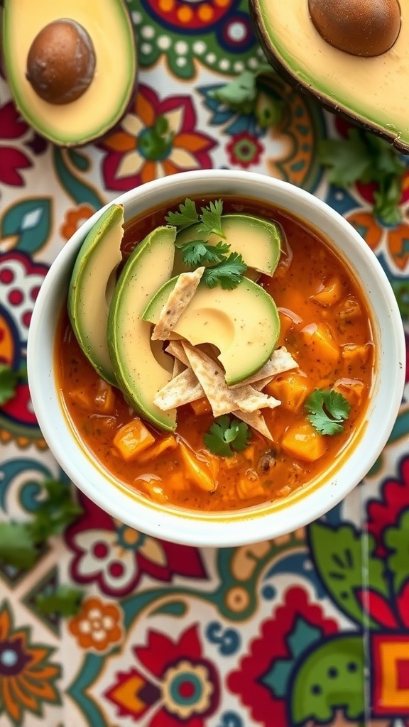 A bowl of hearty turkey tortilla soup topped with avocado slices and tortilla strips on a colorful patterned tablecloth.