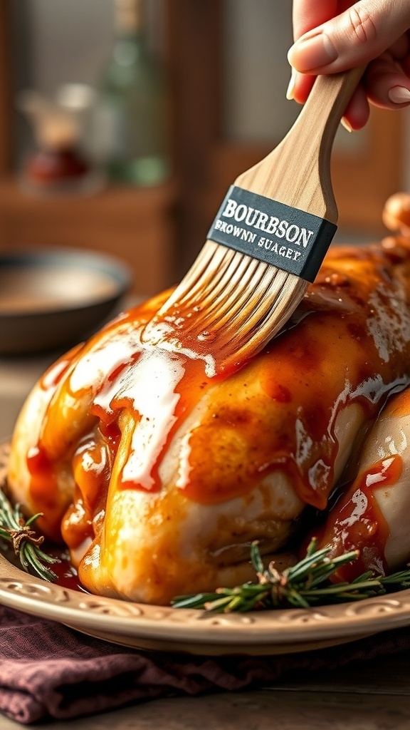 A turkey being brushed with bourbon-and-brown-sugar glaze, showcasing a rich, glossy finish.