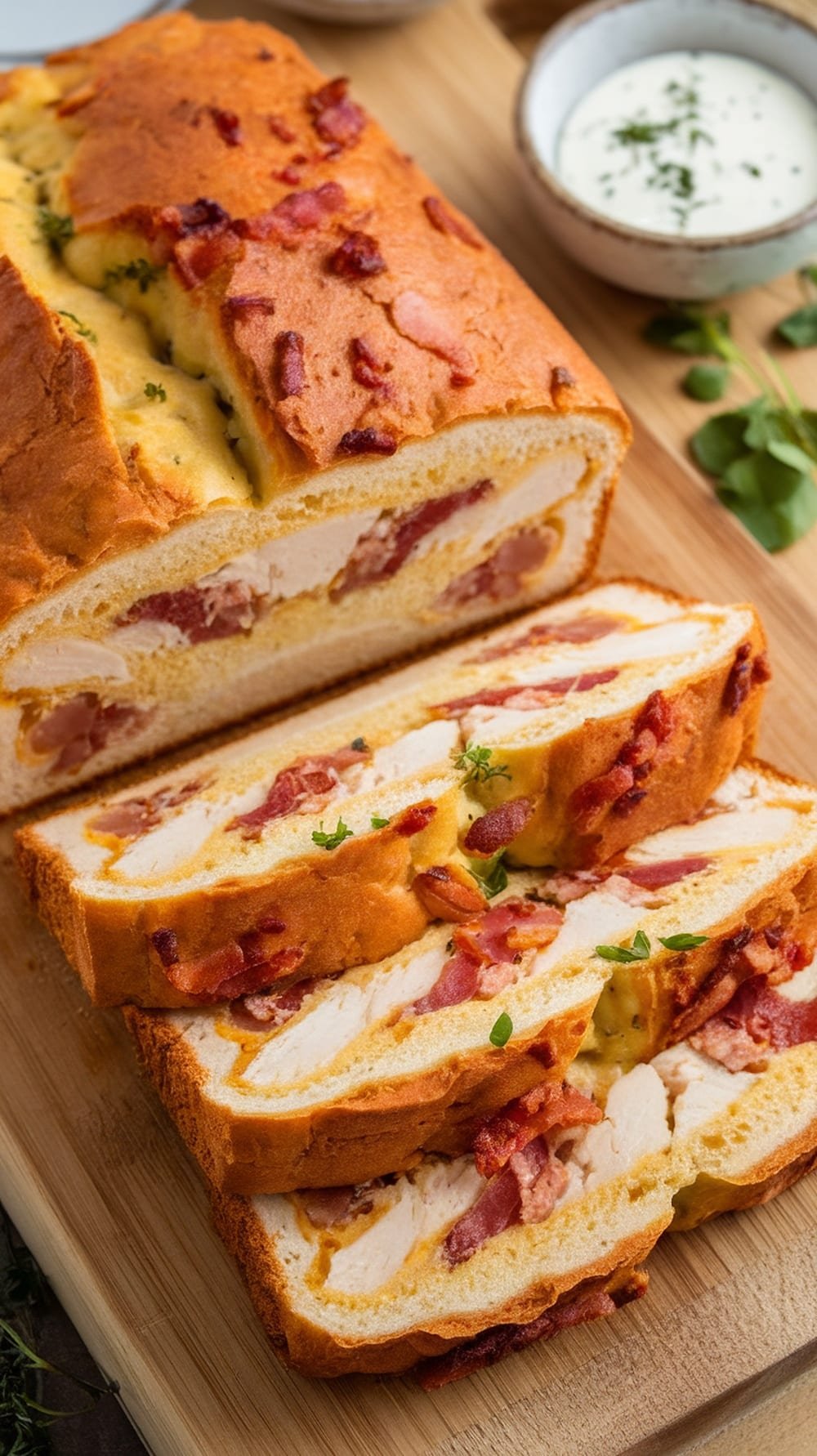 Sliced chicken bacon ranch bread with filling of chicken, bacon, and cheese on a wooden board.