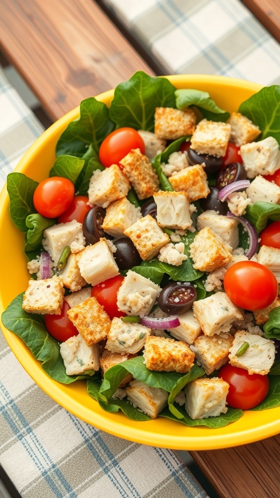 A vibrant turkey salad with crunchy stuffing croutons, cherry tomatoes, olives, and greens in a yellow bowl.